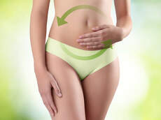 Frau fasst sich an den Bauch. Es sind nur Bauch und Oberschenkel abgebildet. Auf dem Bauch ist ein Kreislauf zu sehen.